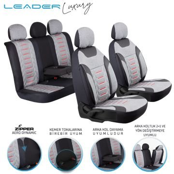 Leader Edition Nakış Keten Oto Koltuk Kılıfı Fermuarlı Lüks Füme