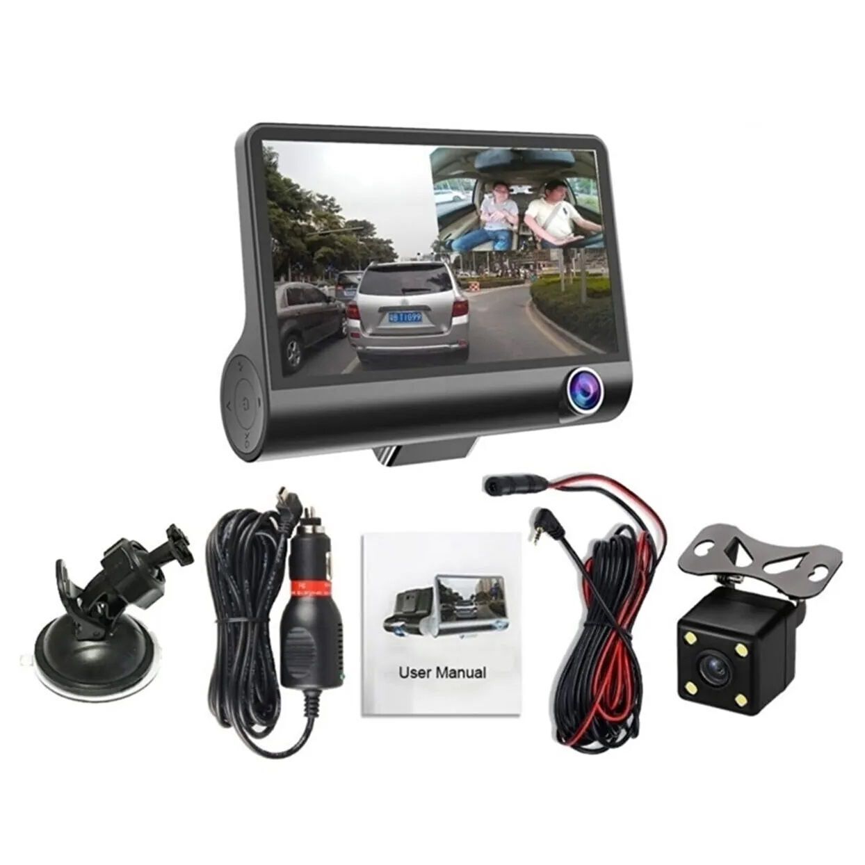 3 Kameralı 4'' Oto, Araç İçi Yol Kayıt Kamerası G-Sensör FULL HD 1080P