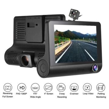3 Kameralı 4'' Oto, Araç İçi Yol Kayıt Kamerası G-Sensör FULL HD 1080P