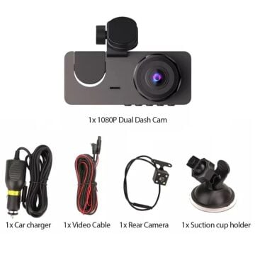 3 Kameralı 2'' Oto, Araç İçi Yol Kayıt Kamerası Wi-Fi G-Sensör FULL HD 1080P