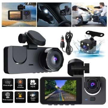 3 Kameralı 2'' Oto, Araç İçi Yol Kayıt Kamerası Wi-Fi G-Sensör FULL HD 1080P