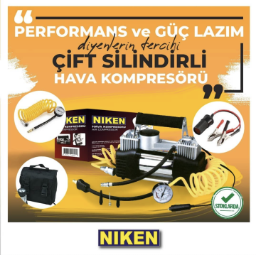 Niken Araç Oto Hava Kompresörü Metal Çift Silindir 12V 150 PSI (Çantalı)