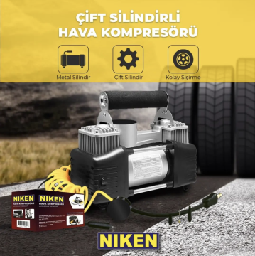 Niken Araç Oto Hava Kompresörü Metal Çift Silindir 12V 150 PSI (Çantalı)