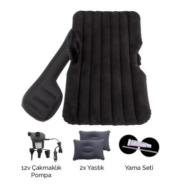 Oto, Araç İçi Şişme Yatak Arka Koltuk Yatağı Siyah (Pompa + Yastık)