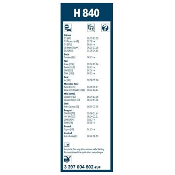 Citroen C4 Bosch Arka Silecek 29cm 2012-2014 Rear H840