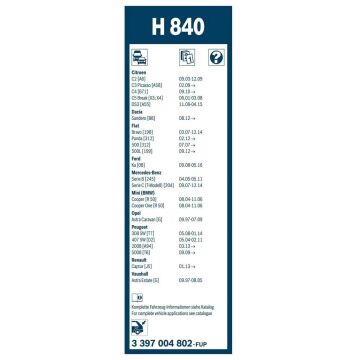 Fiat 500, 500C Bosch Arka Silecek 29cm 2009-2016 Rear H840